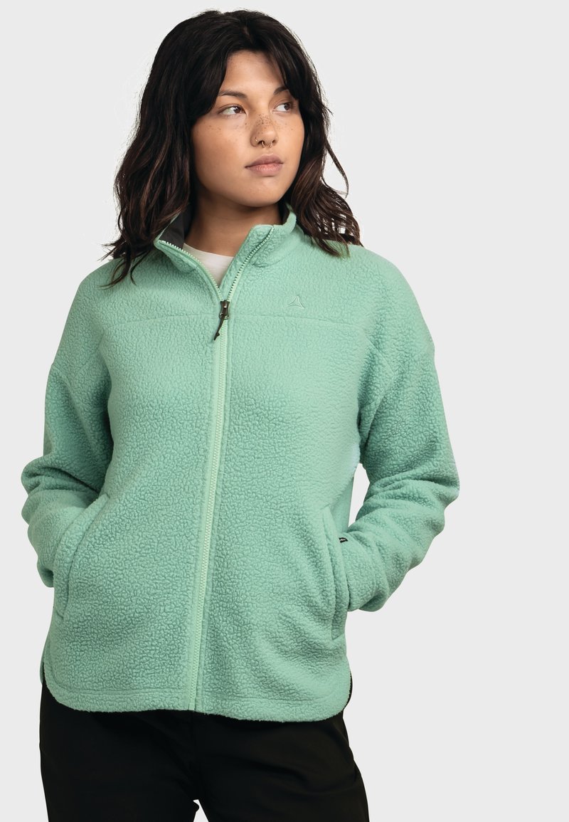 Fleecejacke in Mintgrün mit durchgehendem Reißverschluss, Stehkragen, strukturierter Stoffqualität und Seitentaschen. Mit kleinem Logo auf der Brust.