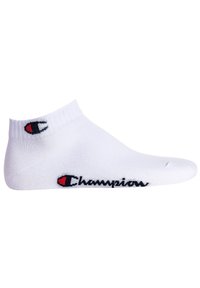 Weißer Baumwollknöchelsocke mit geripptem Bund, auf der Seite mit dem "Champion"-Logo in Schwarz und Rot. Glatte Textur, standardmäßige Sockenform.