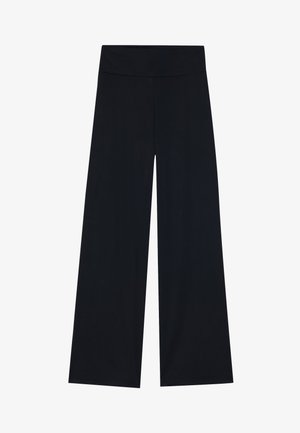 Pantaloni neri a gamba larga con un alto elastico in vita, realizzati in tessuto liscio, di un colore uniforme e senza motivi o dettagli visibili.