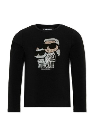 Zwarte longsleeve met rhinestone cartoonfiguren van een man met zonnebril en een hond, met de tekst "KARL LAGERFELD" eronder.