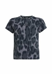 T-shirt grigia a maniche corte realizzata in tessuto morbido, con un design a stampa di leopardo scuro, scollo rotondo e un logo del marchio discreto sul davanti.