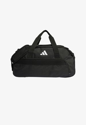 Mala de viagem preta feita de tecido durável. Possui alças duplas, uma alça de ombro ajustável, bolso frontal em malha e logótipo branco.