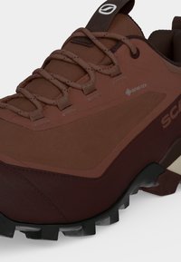 Chaussure de randonnée marron et marron foncé avec étiquette Gore-Tex, semelle texturée et lacets bouclés sur fond clair.