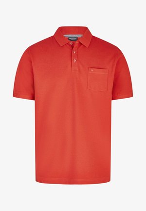 Rotes Baumwoll-Polohemd mit klassischem Kragen, kurzen Ärmeln, einer Knopfleiste mit drei Knöpfen und einer kleinen Brusttasche. Logotyp auf der Tasche.