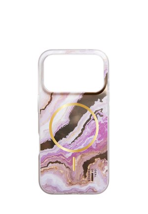 Phone case with a purple, pink, and brown marble pattern featuring a gold circular ring and the text "IDEAL OF SWEDEN" on the bottom right.