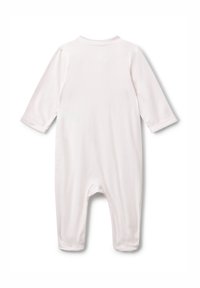 Bílý dětský overal s dlouhým rukávem, zakrytými nohami, bez viditelných zapínání, položený na bílé ploše, zobrazený z zadní strany.