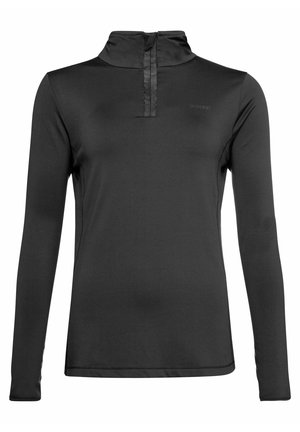 Zwarte langemouwen top gemaakt van synthetisch materiaal met een halve rits, platte naden en een aansluitend ontwerp. Heeft een subtiele logo op de borst.
