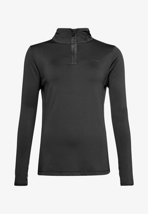Zwarte langemouwen top gemaakt van synthetisch materiaal met een halve rits, platte naden en een aansluitend ontwerp. Heeft een subtiele logo op de borst.