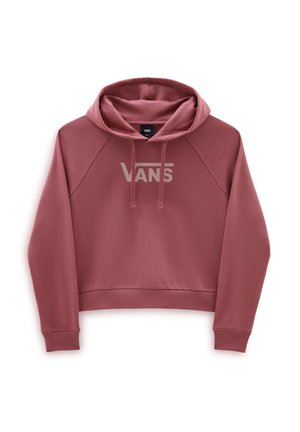 Różowa bluza Vans z kapturem, długimi rękawami, sznurkami, prążkowanymi mankietami i dołem oraz dużym białym logo Vans na klatce piersiowej.