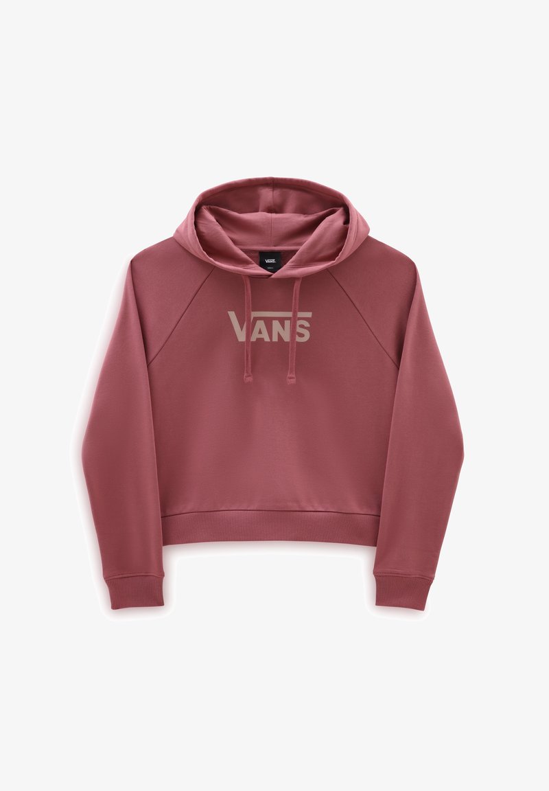 Sweat à capuche Vans rose avec manches longues, capuche, cordons, poignets et ourlet côtelés, et grand logo Vans blanc sur la poitrine.