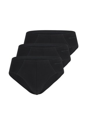 Three black men's brief-style underwear stacked in a staggered arrangement on a white background.