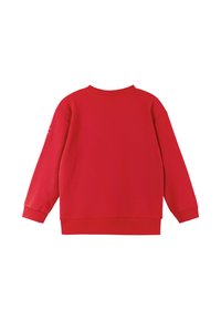 Czerwona bluza z długimi rękawami, okrągłym dekoltem i ściągaczami. Gładka faktura i jednolity kolor bez wzorów ani elementów metalowych.