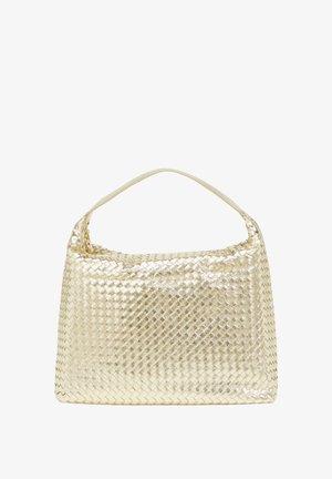 Gouden metallic geweven handtas met een gestructureerde vorm, een soepele bovenhandgreep en duurzaam materiaal. Voorzien van een ritssluiting en een vlakke bodem.