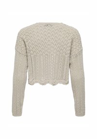 Maglione lavorato a maglia beige chiaro con design cropped, maniche lunghe, un motivo testurizzato e orlo a scallop. La lavorazione a maglia aperta conferisce un aspetto traspirante.