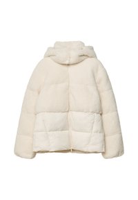 Cremefarvet dunjakke med blødt, tekstureret stof. Har hætte, quiltede sektioner og lynlås foran.
