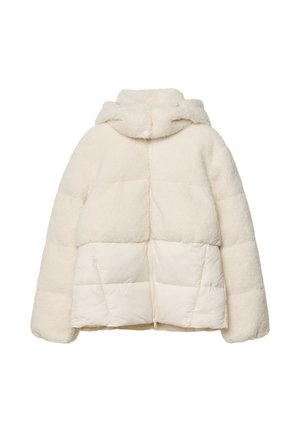 Cremefarbene Steppjacke aus einem weichen, strukturierten Stoff. Verfügt über eine Kapuze, gesteppten Abschnitten und einen vorderen Reißverschluss.