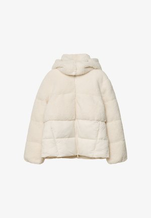 Cremefarbene Steppjacke aus einem weichen, strukturierten Stoff. Verfügt über eine Kapuze, gesteppten Abschnitten und einen vorderen Reißverschluss.