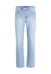 Jeans drepti de culoare albastru deschis, din denim, cu un design clasic cu cinci buzunare și închidere cu nasture. Textură uzată pe material.