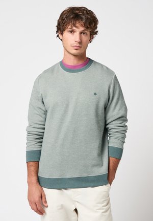 Jeune homme aux cheveux bouclés portant un pull côtelé vert clair sur une chemise rose et un pantalon beige, se tenant devant un fond blanc.