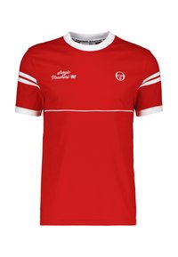 Rode T-shirt met korte mouwen van katoen, met een witte geribde kraag en strepen op de mouwen. Voorzien van een bedrukte logo en de tekst "Sergio Tacchini '66."