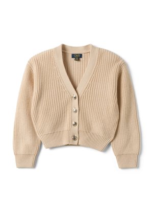 Beiger, gestrickter, kurz geschnittener Cardigan mit langen Ärmeln und vier Knöpfen vorne, mit Rippenstruktur und V-Ausschnitt.