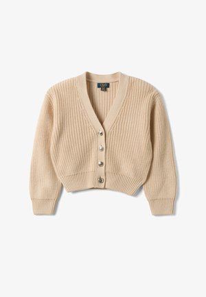Cárdigan corto beige de punto con mangas largas y cuatro botones en la parte delantera, con textura acanalada y cuello en V.