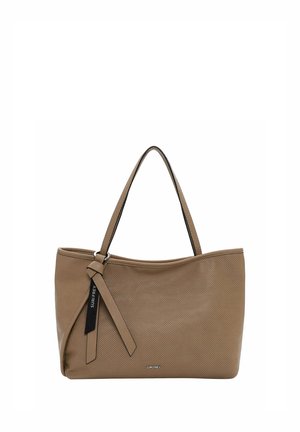 Hellbraune, gelochte Ledertasche mit zwei Schulterriemen und dekorativem, gebundenem Riemendetail, vorne mit der Aufschrift "Suri Frey".