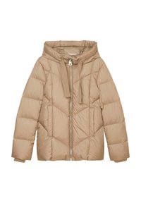 Beige Puffer-Jacke mit Kapuze, mit durchgehendem Reißverschluss, diamantgequilteter Textur und Strickbündchen für zusätzliche Wärme.