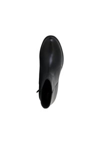 Stivaletto in pelle nera con punta arrotondata, zip laterale e texture liscia, caratterizzato da accenti di cucitura minima lungo la parte superiore.