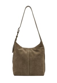 Miękka brązowa torba skórzana z pojedynczym regulowanym paskiem, zaokrąglony kształt i subtelny detal logo z przodu.