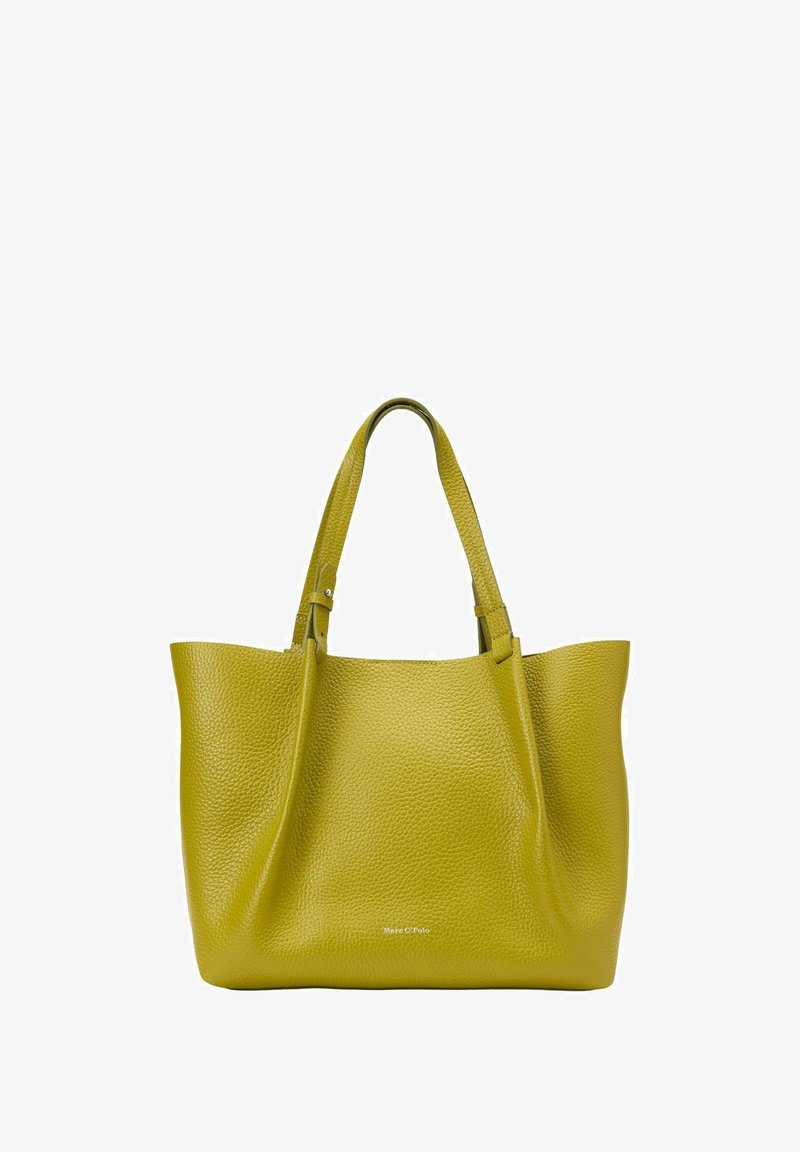 Gelbe, strukturierte Ledertasche mit zwei Schulterriemen und dezentem "Marc O'Polo"-Logo in der Mitte unten.