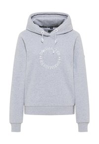 Szürke kapucnis pulóver, puha anyagból készült, középen kör alakú, fehér logónyomással és bordás mandzsettákkal, valamint aljjal rendelkezik.