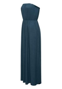 Teal, strapless maksi-mekko, jossa on rypistetty vyötärö, ilmava siluetti ja pehmeä, struktuuri kangas. Kauluksessa on koristeellinen nappi.