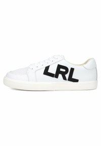 White sneakers made of leather with a textured surface, featuring prominent black "LRL" lettering on the side and a rubber sole.