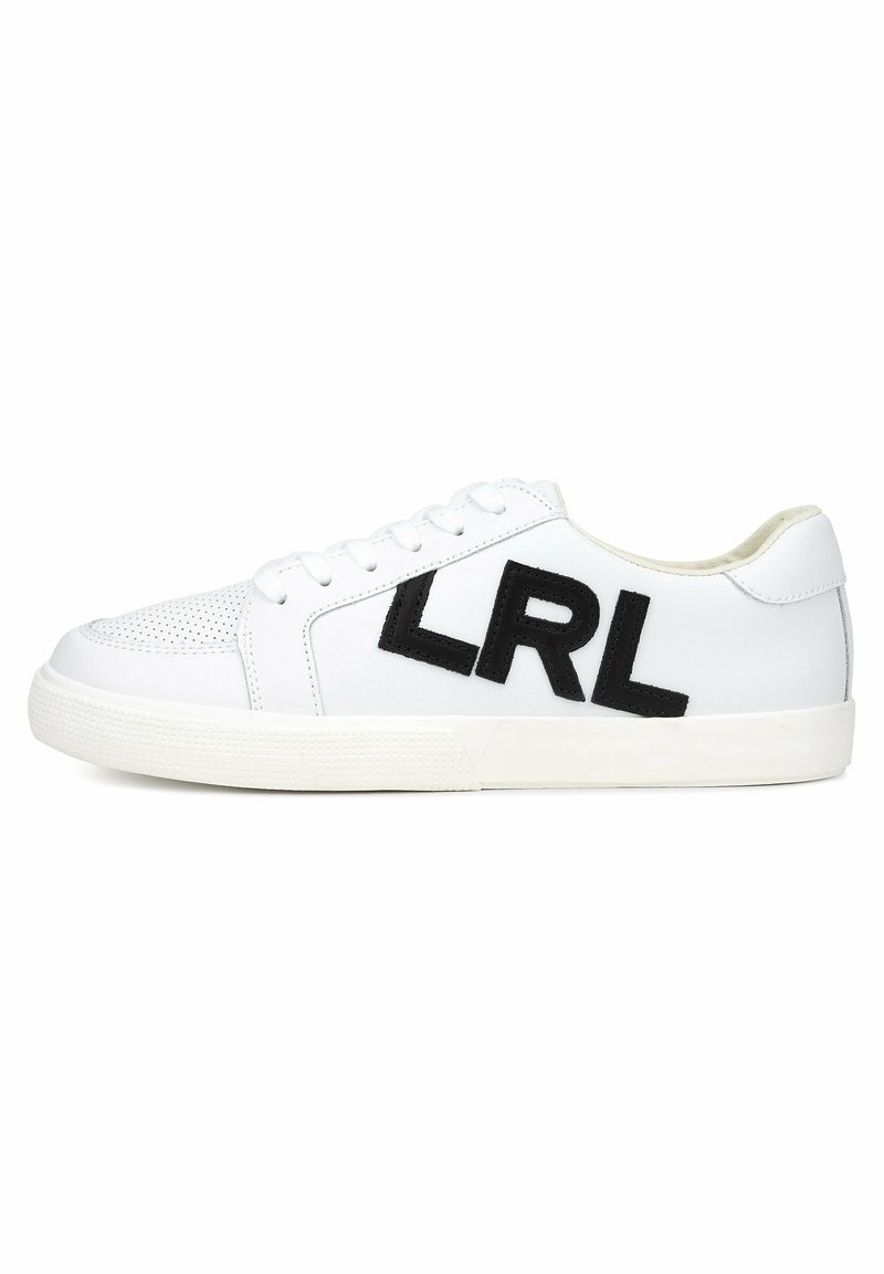 White sneakers made of leather with a textured surface, featuring prominent black "LRL" lettering on the side and a rubber sole.