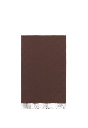Tissu rectangulaire marron foncé avec un motif subtil et un détail de franges le long d'un bord court sur fond blanc.