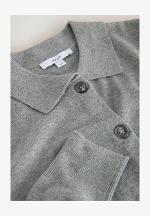 Gray knitted cardigan featuring a flat collar, two dark buttons, ribbed cuffs, and soft texture. Label shows brand name "NEXT".