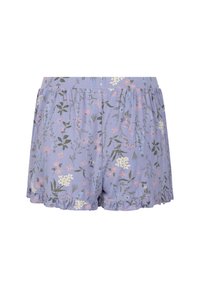 Lichtpaarse shorts met een bloemenpatroon in roze, wit en groen. Beschikt over een gerimpelde zoom en een elastische tailleband voor comfort.