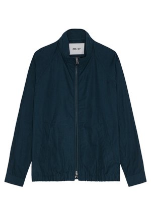 Navy blue lightweight jacket with a stand-up collar, front zipper closure, and elastic waistband. Features two side pockets and raglan sleeves.