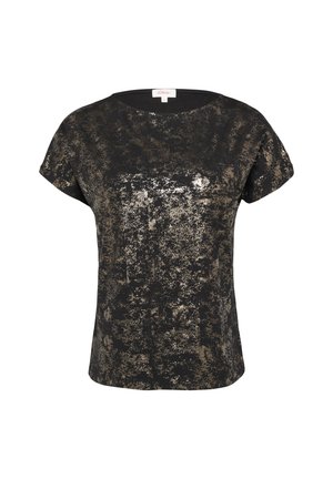 Schwarzes Oberteil mit einem metallisch goldenen Spritzmuster, Rundhalsausschnitt, kurzen Ärmeln und einer lockeren Passform. Hergestellt aus weichem, strukturiertem Stoff.