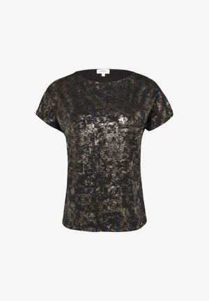 Schwarzes Oberteil mit einem metallisch goldenen Spritzmuster, Rundhalsausschnitt, kurzen Ärmeln und einer lockeren Passform. Hergestellt aus weichem, strukturiertem Stoff.