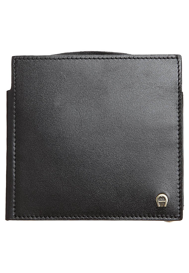 Black leather bifold wallet with neat stitching and a small silver emblem on the bottom right corner.