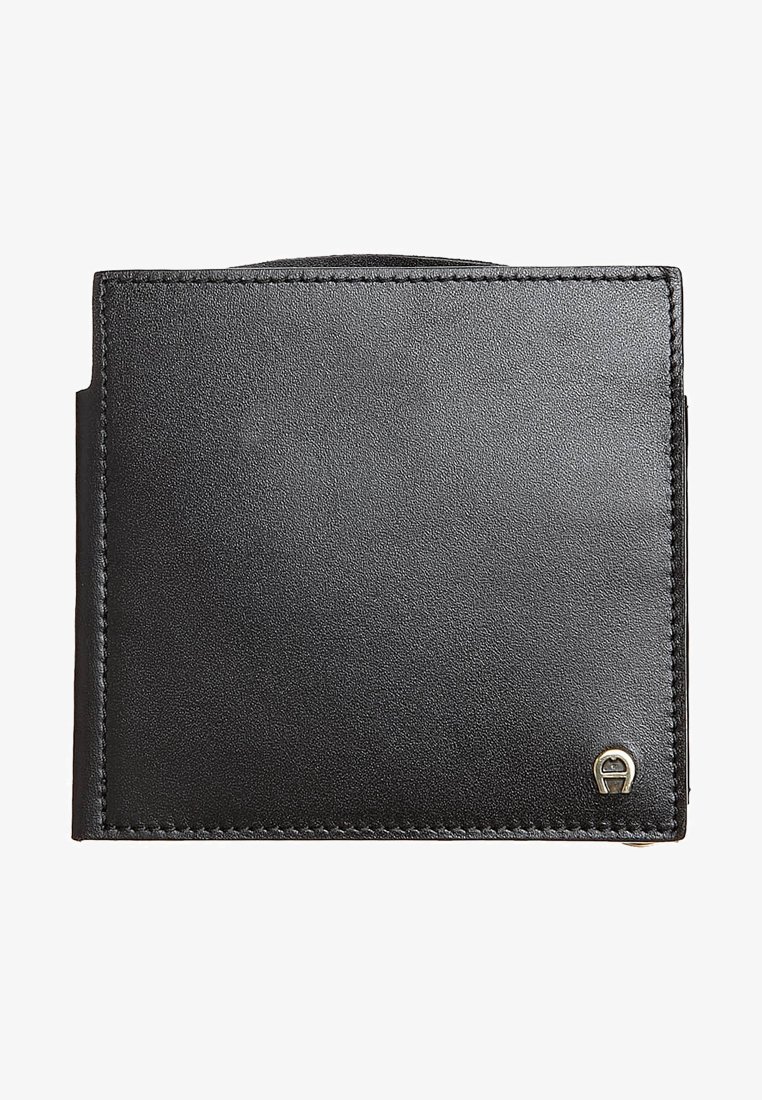 Black leather bifold wallet with neat stitching and a small silver emblem on the bottom right corner.