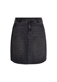 Jupe en denim noir avec une coupe droite, ornée d'ornements en clous argentés disposés en motif sur le devant et d'un design classique à cinq poches.