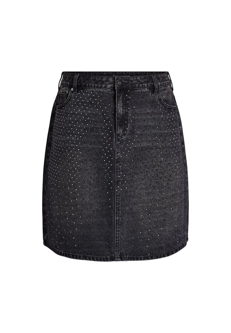 Jupe en denim noir avec une coupe droite, ornée d'ornements en clous argentés disposés en motif sur le devant et d'un design classique à cinq poches.