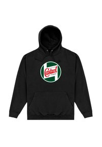 Felpa nera con cappuccio caratterizzata da un logo circolare Castrol verde e bianco sul davanti, con tasca a canguro e cappuccio regolabile.