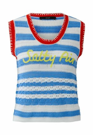 Sleeveless knit top with blue and white stripes, red trim, and yellow text reading "Salty Air" across the chest.