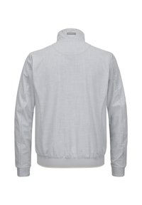 Hellgraue Jacke mit hohem Kragen, elastischem Saum und gerippten Bündchen; verfügt über einen glatten, dezent strukturierten Stoff. Geeignet für den Freizeitgebrauch.