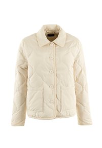 Giacca trapuntata color crema con colletto, dotata di sei bottoni frontali e due tasche a toppa. Superficie texturizzata e finitura morbida.