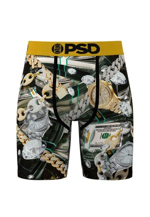 Boxer briefs para hombre en negro, con un diseño vívido de dinero, cadenas y joyas. Cintura con logo amarillo; forma ajustada con una textura suave.